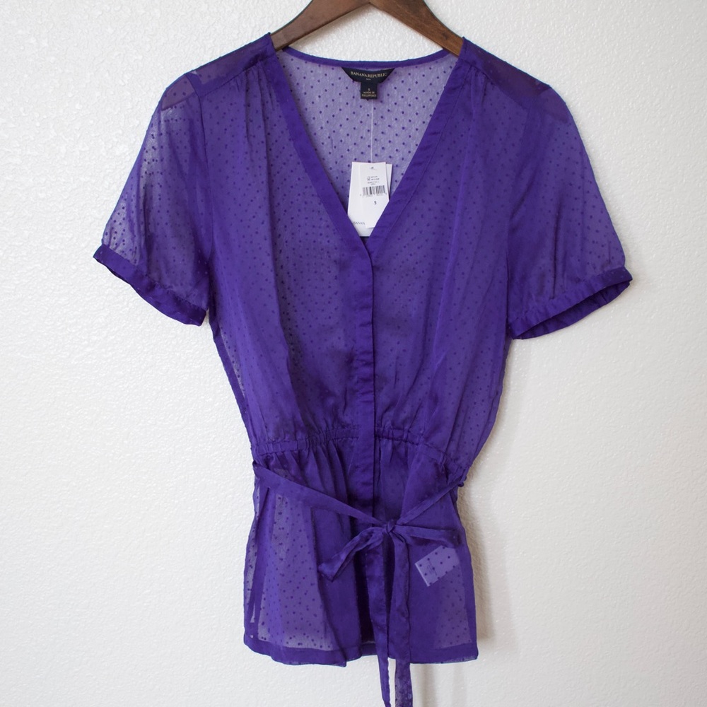 Women's Purple Polka Dot Sheer Tie-Waist Blouse